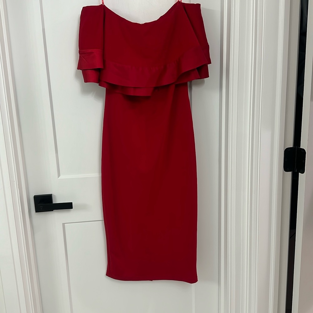 Red midi off the shoulder dress